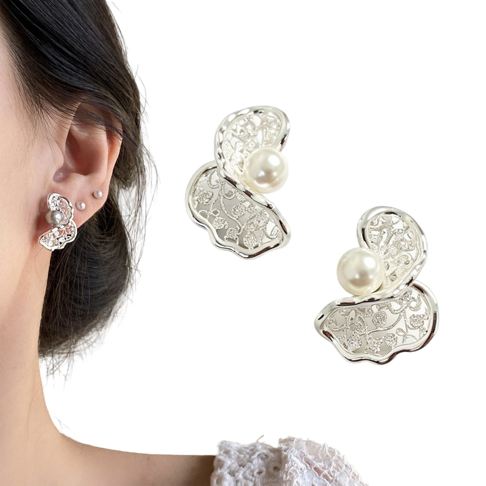 Zircon Pearl Stud Earrings French Elegant Silver Jewelry Women Wedding Gift Dail