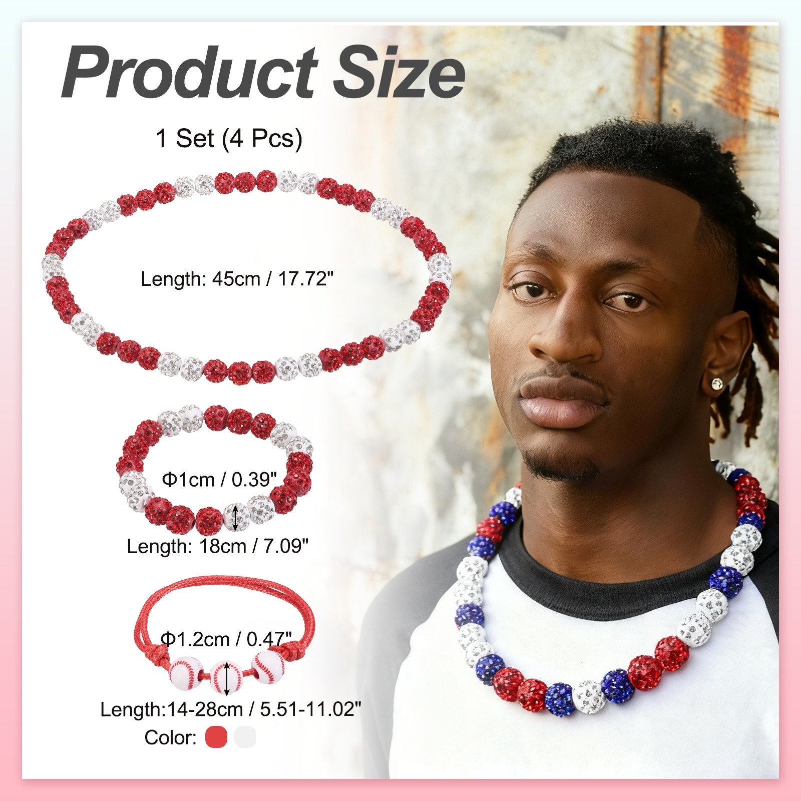 4Pcs Baseball Necklace Set 7″ Bling Beaded Chain 18″ Bracelet Red/White
