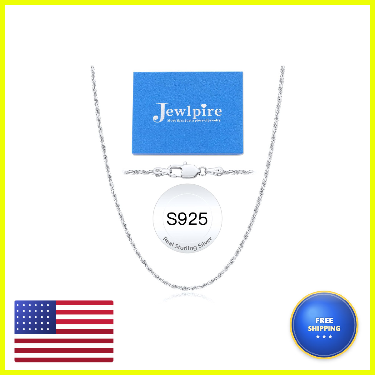 Jewlpire 925 Sterling Silver Chain Necklace For Women 2Mm Rope Chains Silver