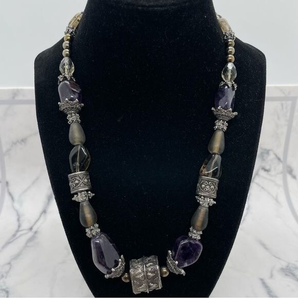 Stone Glass Metal Necklace Signed Maya Bohemian Boho Gypsy Style Purple