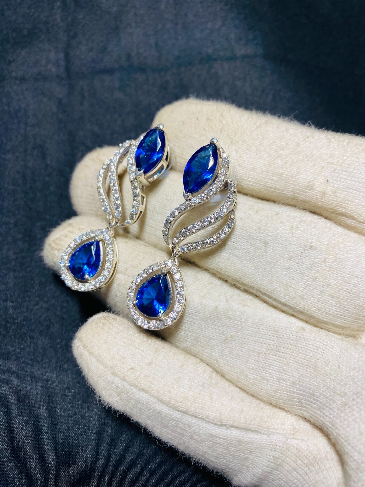Lab Blue Sapphire Drop Dangle Earrings Silver CZ Halo Wedding Gift for Women 3.5