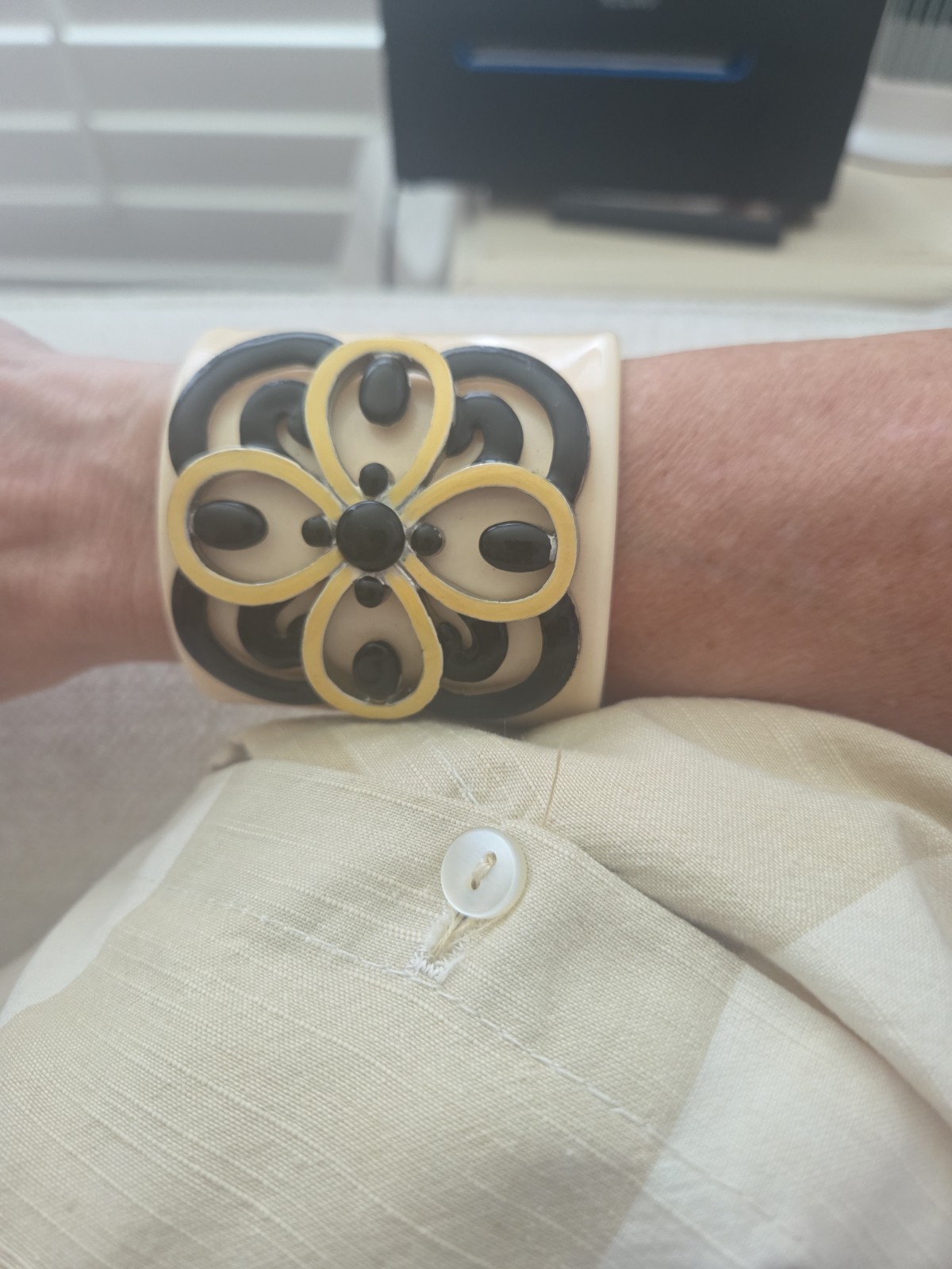 MCM Style Tory Burch Resin Wide Bangle With Metal Emblem