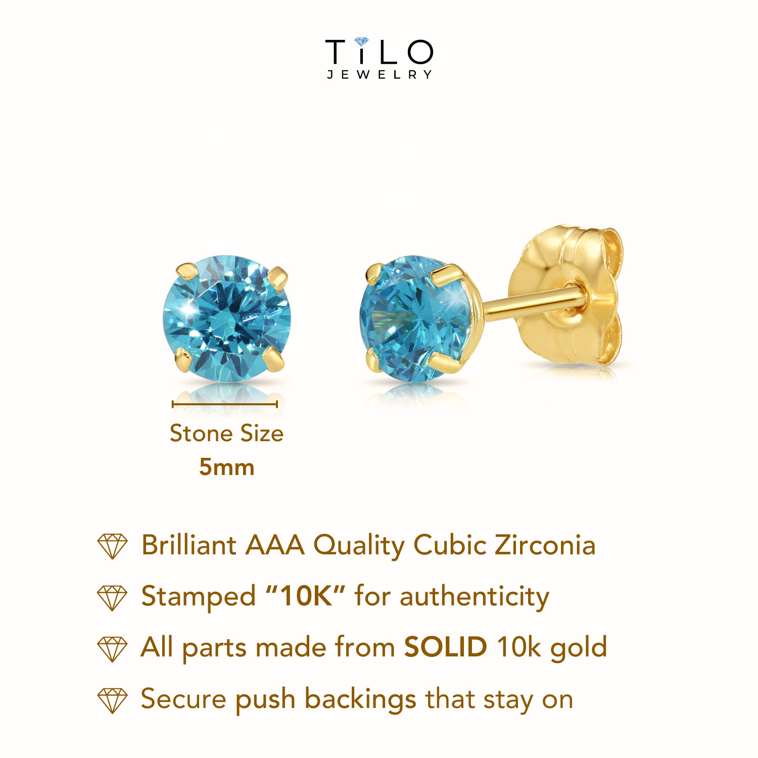 10K Solid Yellow Gold Solitaire Birthstone CZ Sleeper Stud Earrings Pushback 5mm