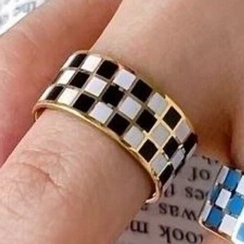 Retro Black and White Checkered Gold Plated Titanium Ring Band Size 6