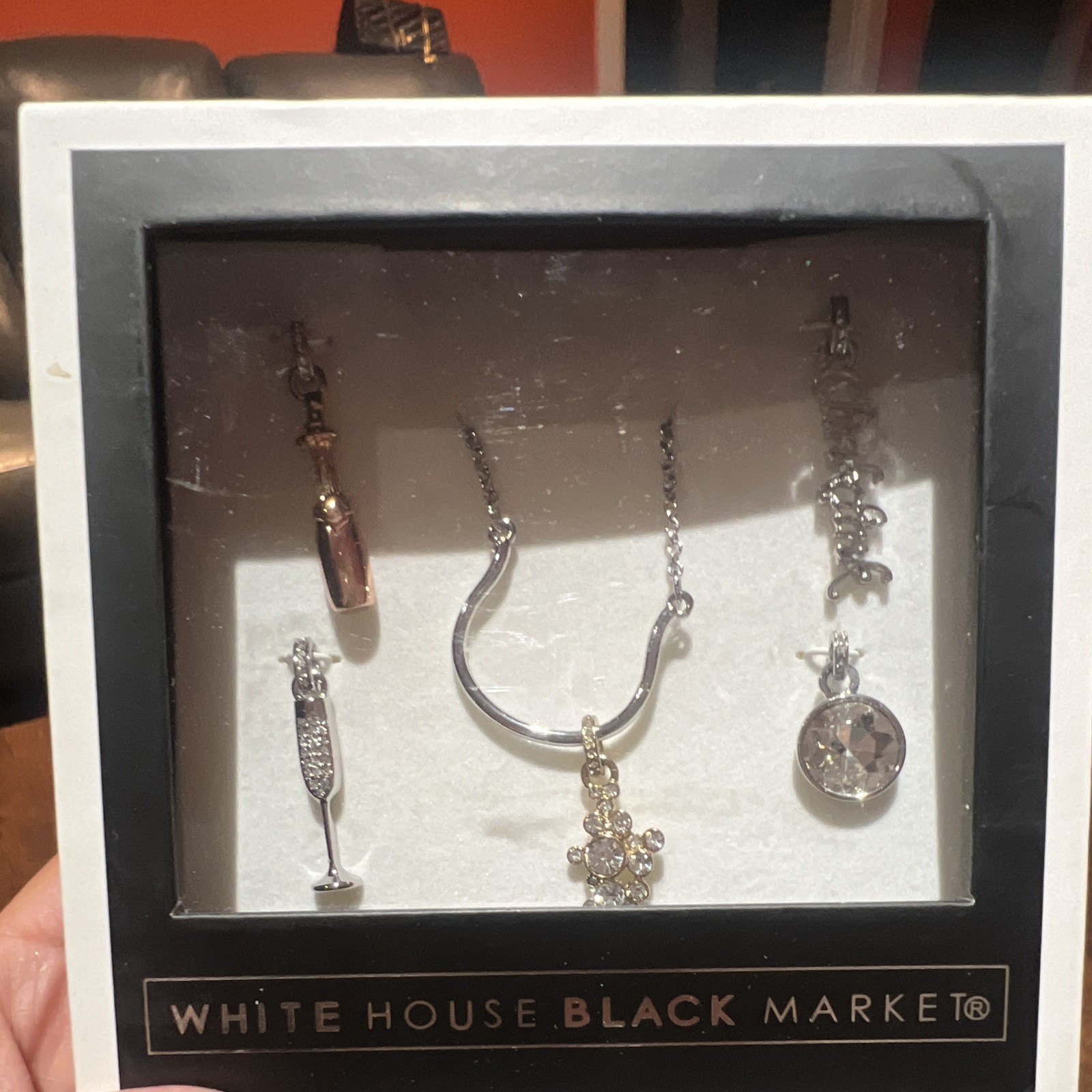 White House Black Market Silver Tone Clear Round Crystal Necklace & Earrings Set