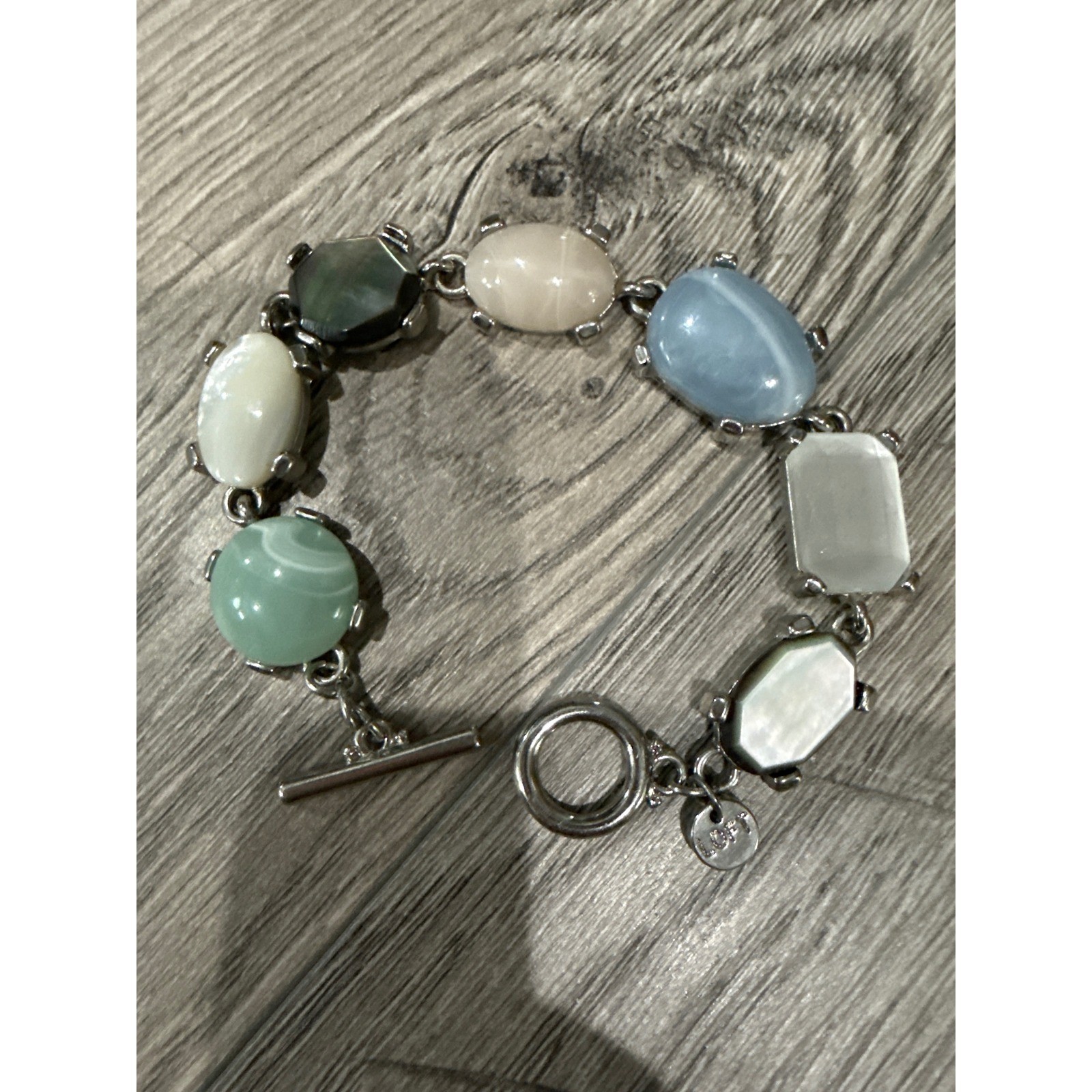 LOFT Silver Tone Multi Stone Toggle Bracelet Blue Green Cream Statement Piece