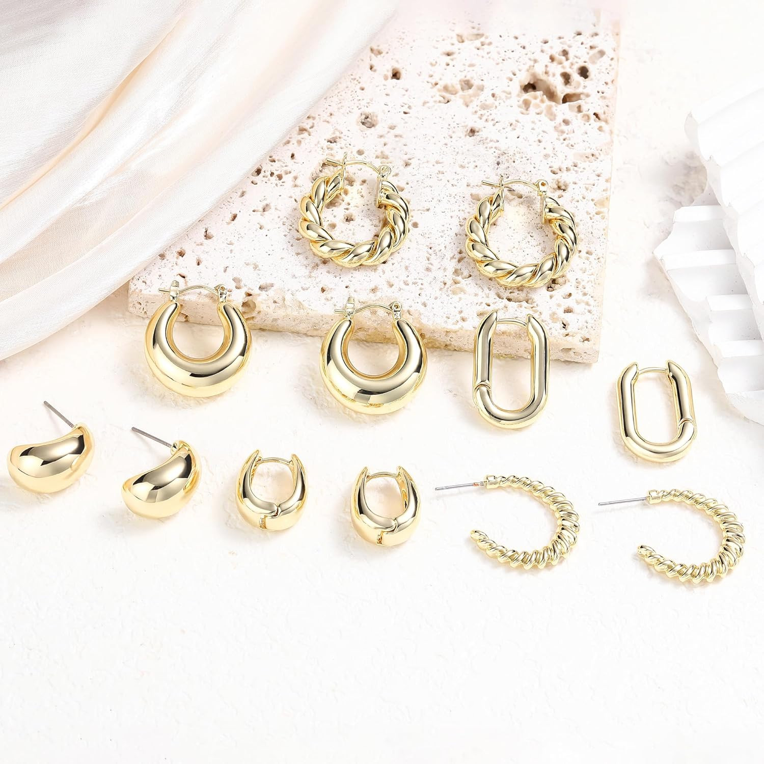 6 Pairs 14K Gold Plated Hoop Earrings for Women Lightweight Chunky Hoop Earrings