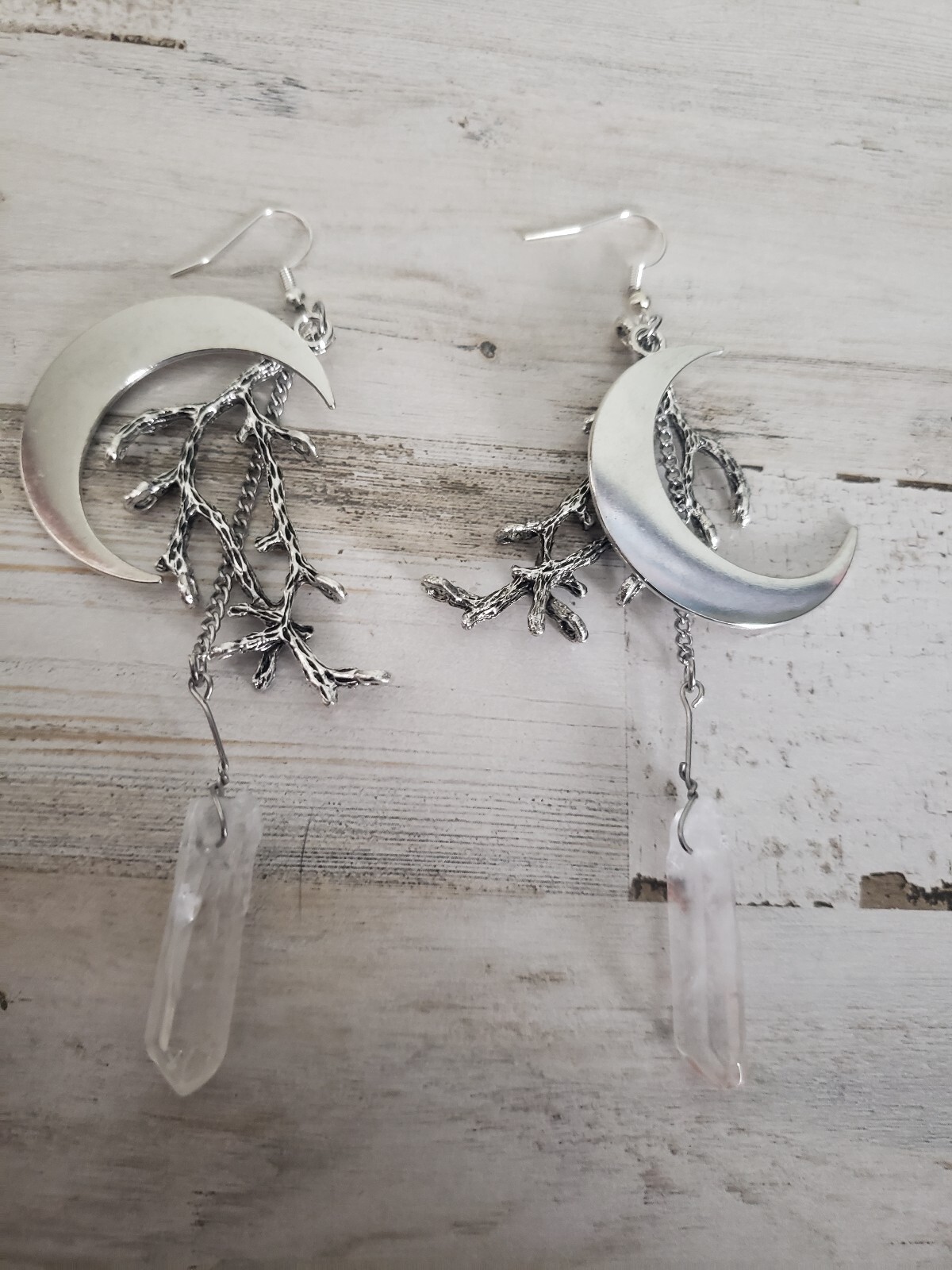 Crescent moon earrings tree branches quartz boho hippie pretty cute love witch