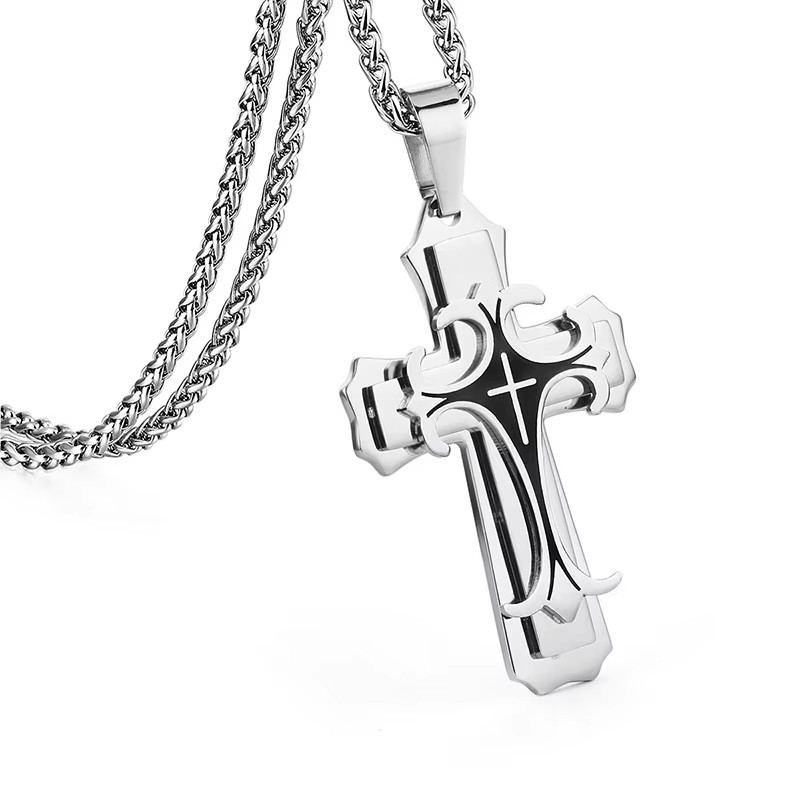 Share Jesus Cross Stainless Steel Byzantine Necklace, Chain, Black And Silver