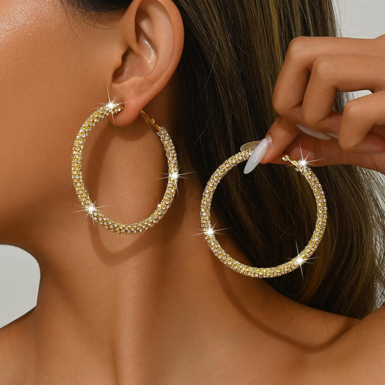 Big Hoop Earrings for Women 30Mm 40Mm 50Mm 60Mm 70Mm Rhinestone Silver Hoops Spa