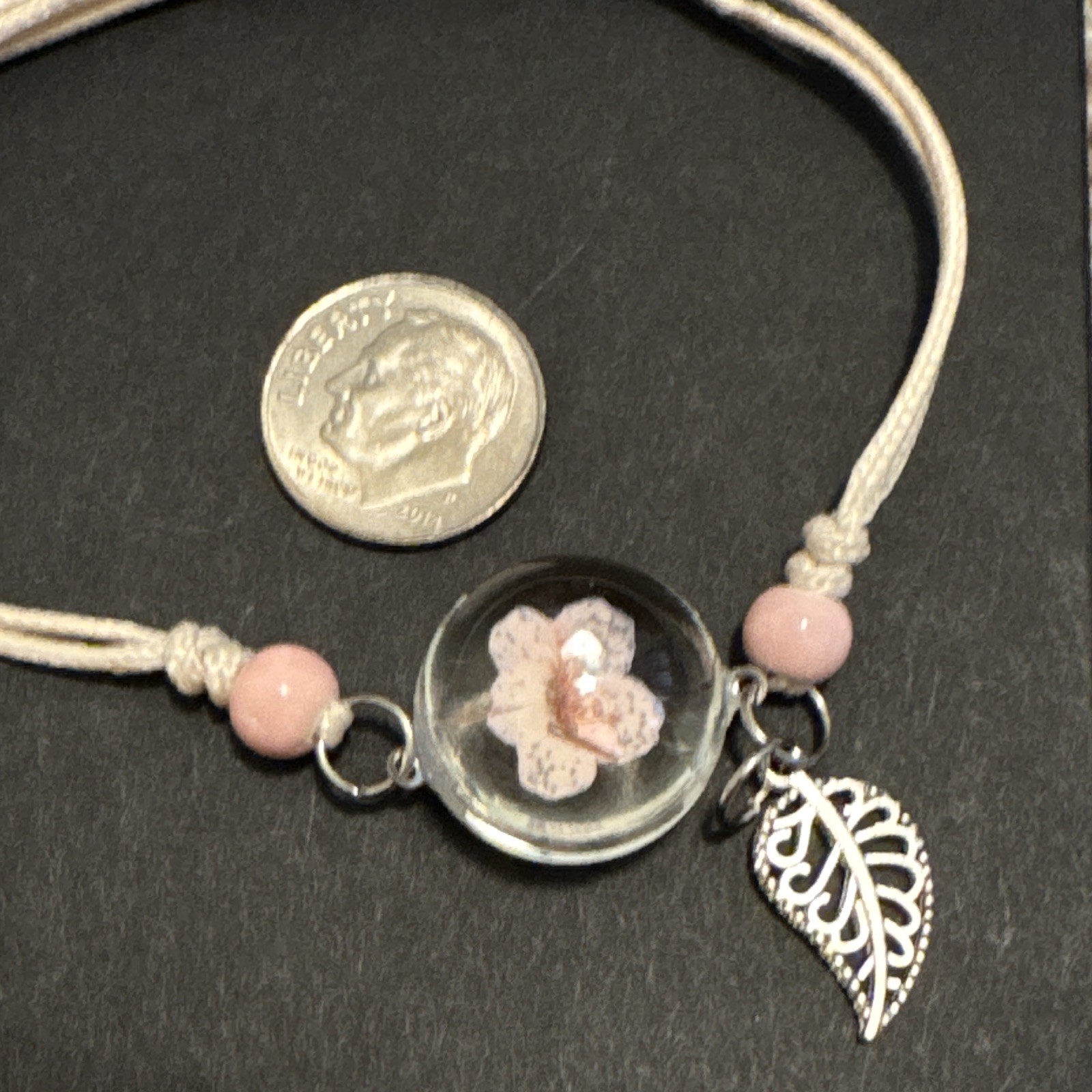 Adjustable Beige Cord Charm Bracelet w/ Pink Flower Resin Bead & Leaf Dangle