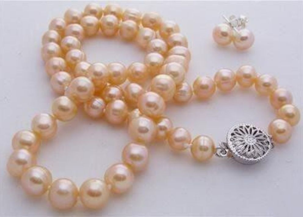 Natural Pink Akoya Freshwater Cultured Pearl Necklace Earrings Set 14-48”