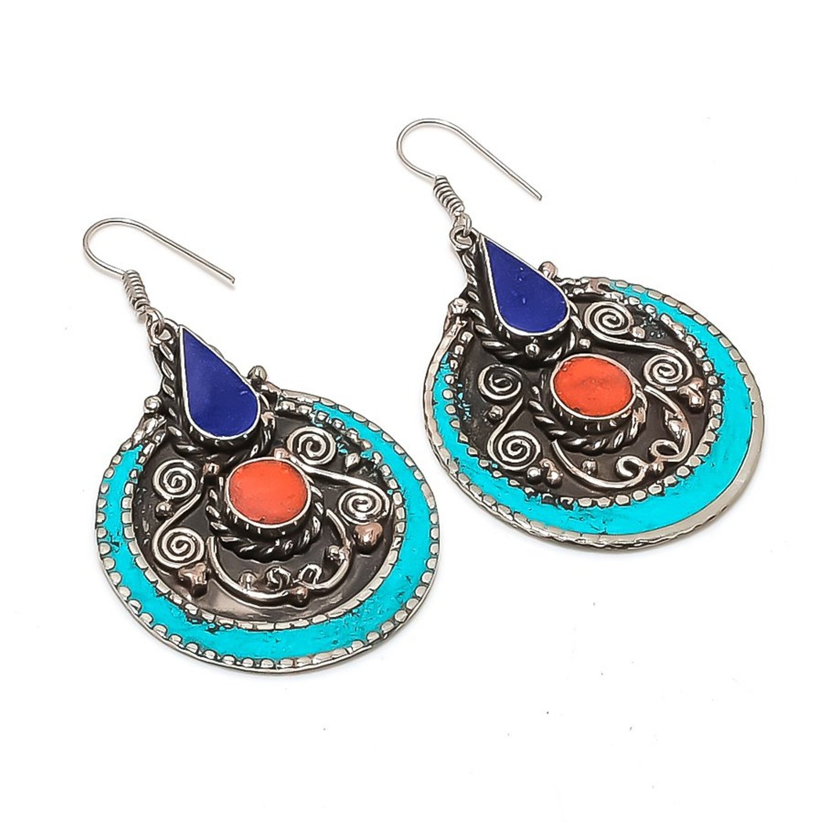 Coral Turquoise Lapis lazuli Earring Tibetan Vintage Nepali Jewelry 2.5″ NE 5457
