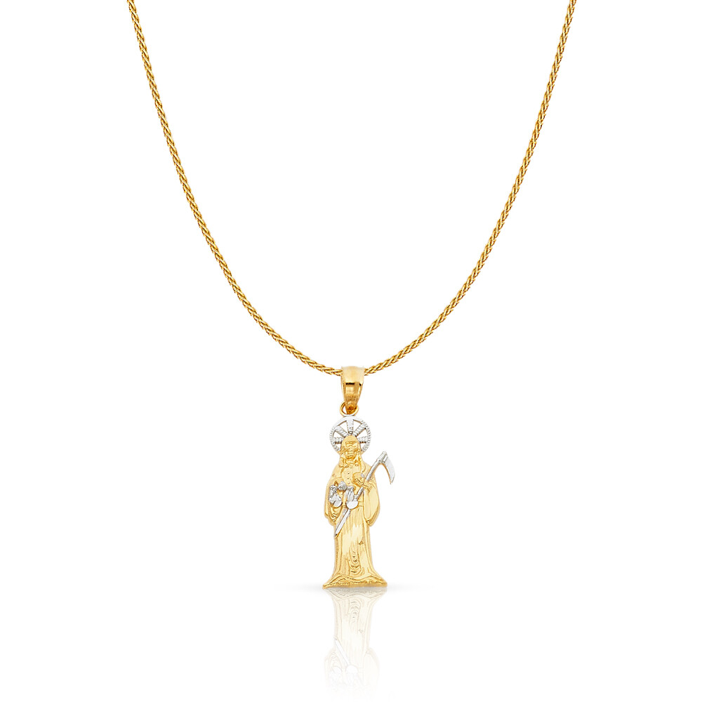 14K Two Tone Gold Devil Charm Pendant with 0.9mm Wheat Chain Necklace