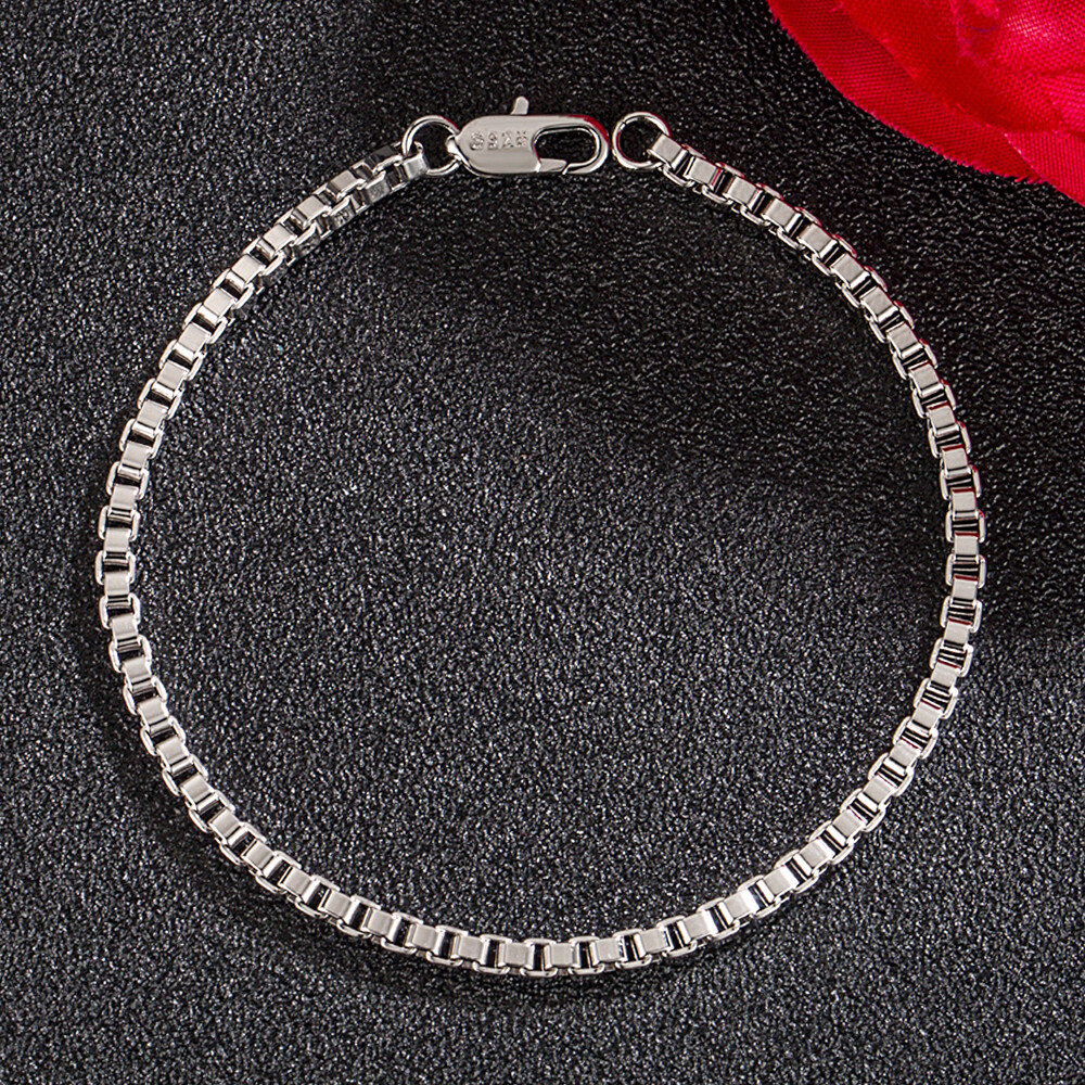 Solid 925 Sterling Silver Women’s 3mm Italian Venetian BOX Chain Link Bracelet