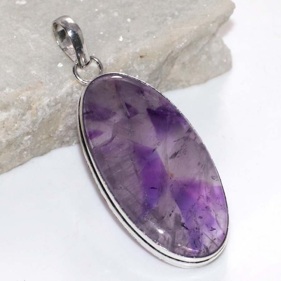 925 Silver Plated Natural Amethyst Pendant 2.2″ Elegant Jewelry Trendy GW