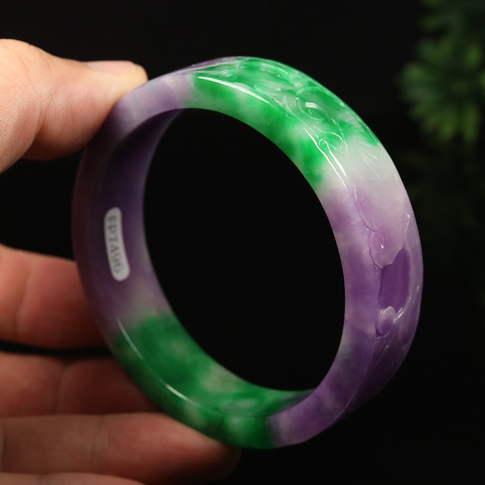 60mm Lavender Purple Green Jadeite Jade Bangle Bracelet Ruyi Flower Bat A-15045