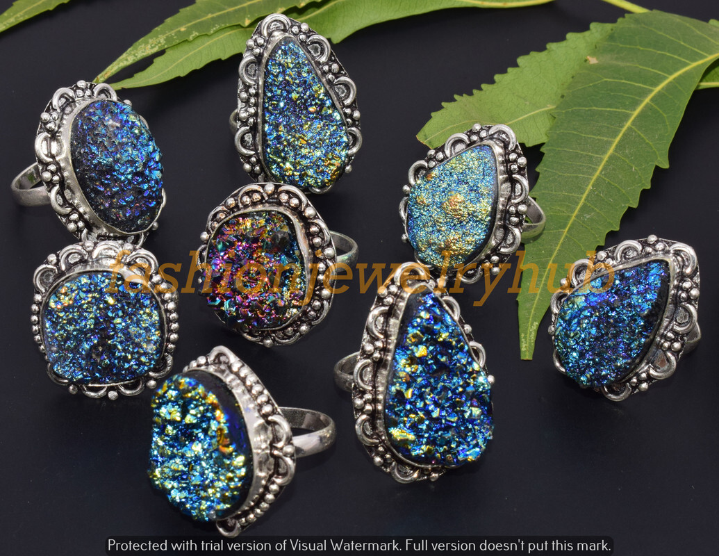 New Sale ! Titanium Drusy Gemstone Ring 5Pcs Wholesale Lot 925 Silver Plated