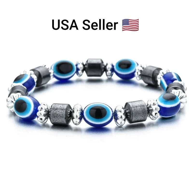 Blue Evil Eye Beaded Fatima Hand Bracelet Lucky Hematite Adjustable Bracelets