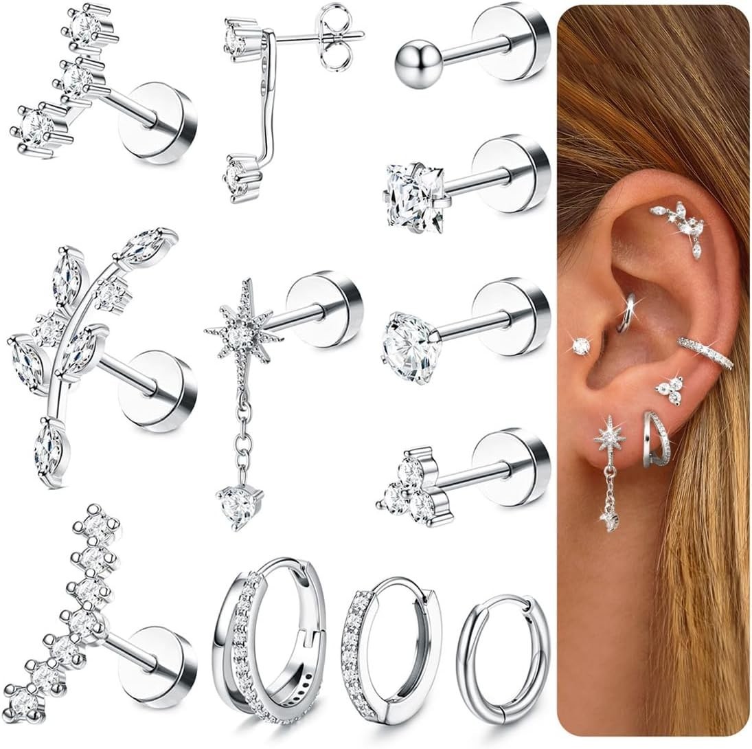 16G Cartilage Earrings for Women Silver Flat Back Earrings Hypoallergenic Sur…