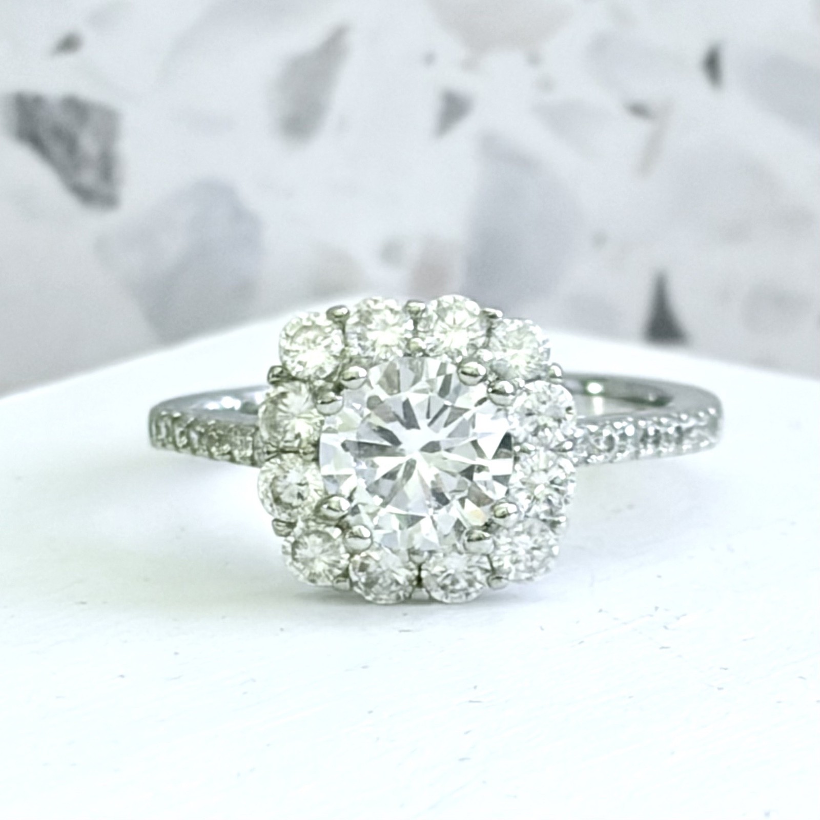 Round Cut Pave Set Halo 14k Gold 925 S.S. Simulated Sapphire Engagement Ring