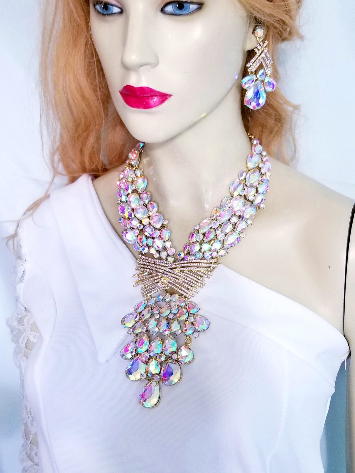 AB Iridescent X Large Necklace Choker Earring Set Rhinestone Crystal Drag