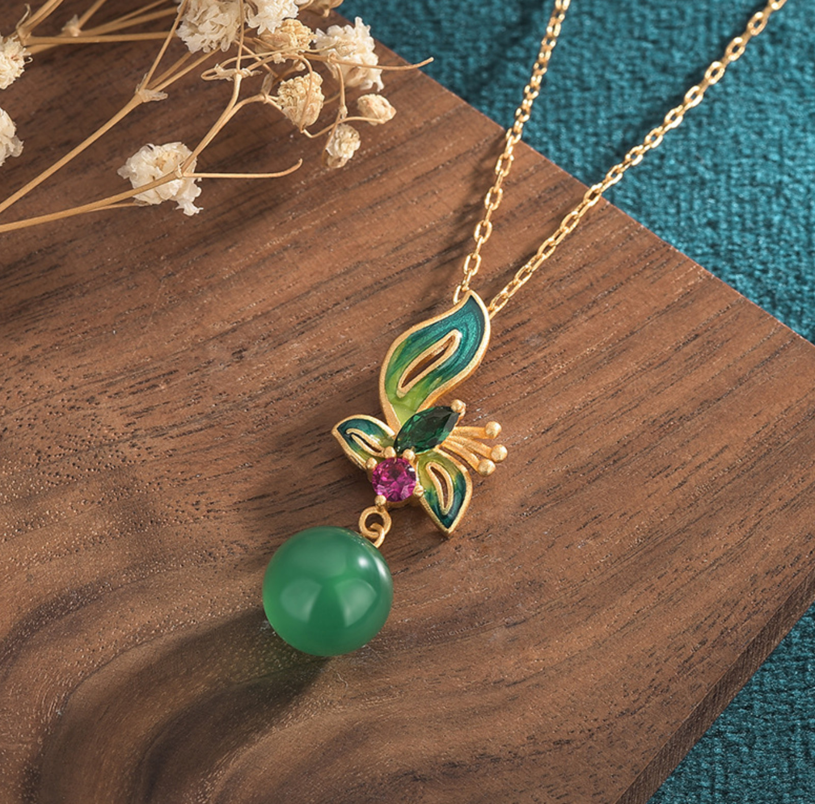 Jade Crystal Pendant Necklace Charm 18K Gold Plated Chain Flower Dainty Gemstone