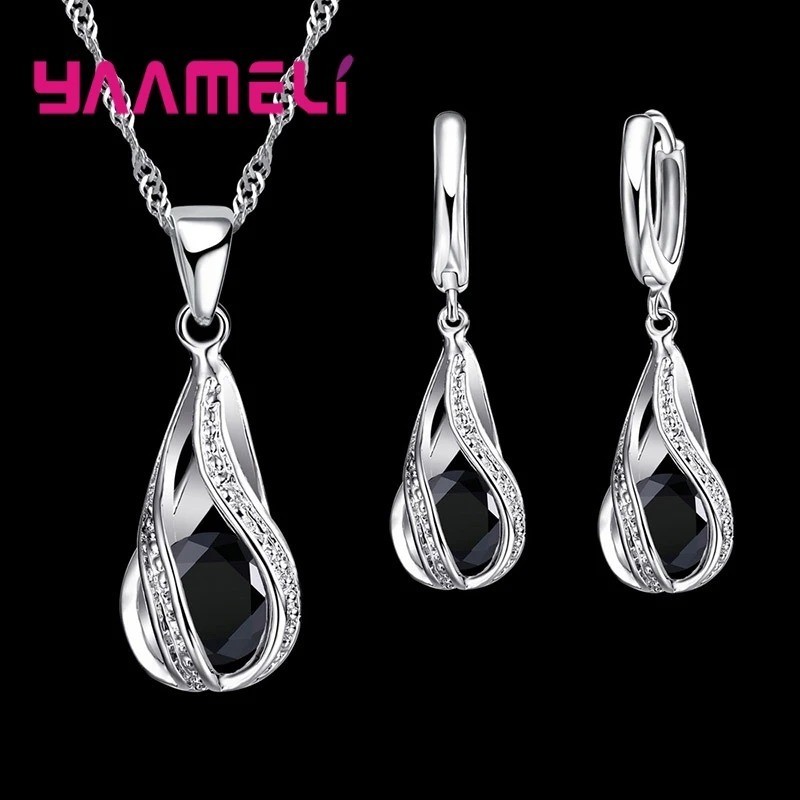 925 Sterling Silver Waterdrop Crystal Necklace Sparkling Earrings Womens Jewelry