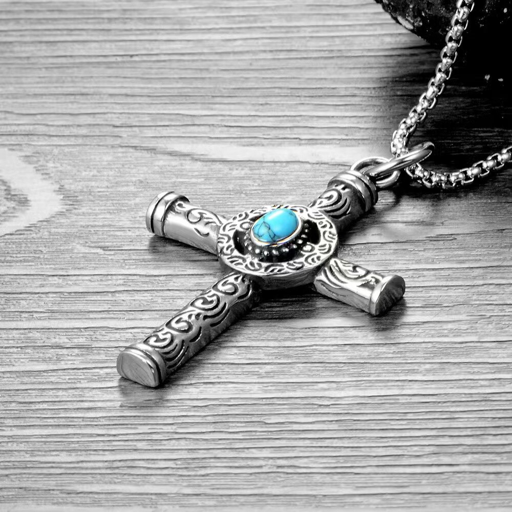 Vintage Turquoise Celtic Cross Pendant Necklace Religious Jewelry For Men Women