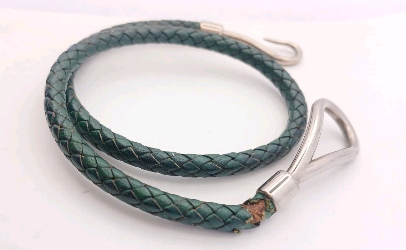 Hermès Jumbo Bracelet Green Braided Leather Palladium Plated Boxed *Please Read*