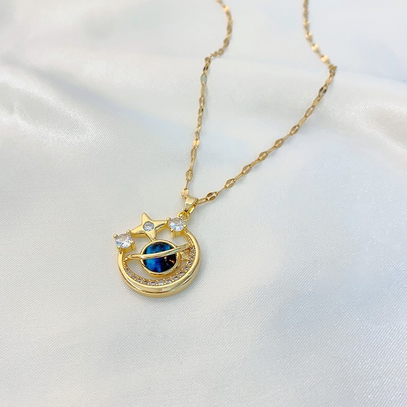 Gold Plated Crescent Star Saturn Blue Enamel CZ Celestial Pendant Necklace
