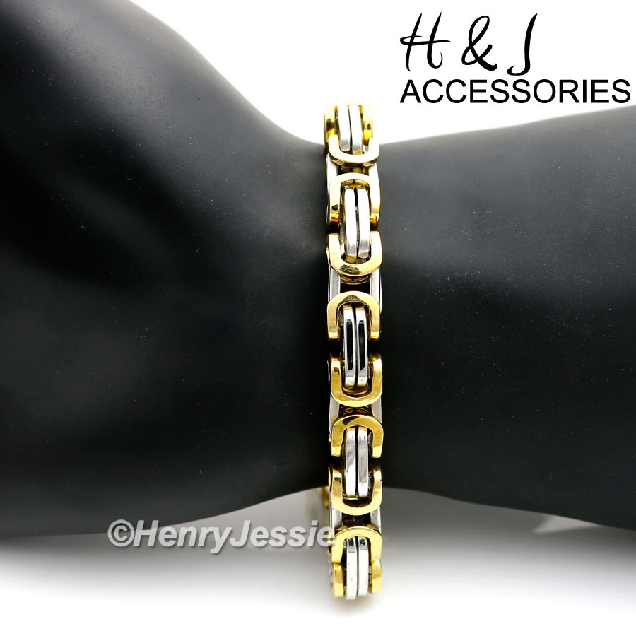 7-11″MEN Stainless Steel WIDE 9mm Silver/Gold Plated Byzantine Box Link Bracelet