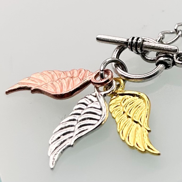 Mini Angel Wing Triple Pendant T-Bar Bracelet (Silver Chain) New Handmade