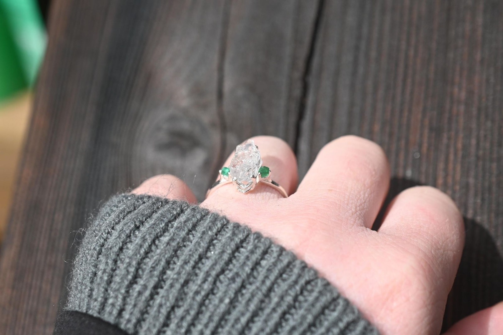 Engagement ring Emerald and Lake County diamond sterling silver size 3 4 5 6 7