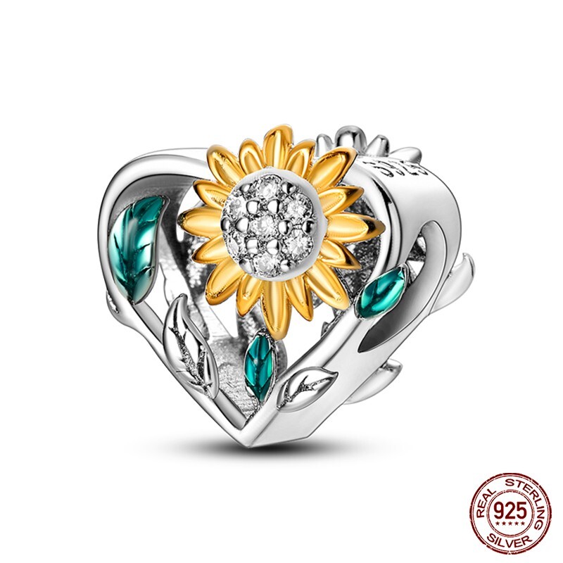 S925 Sterling Silver Gold Sunflower leaf Heart charm bead universal size