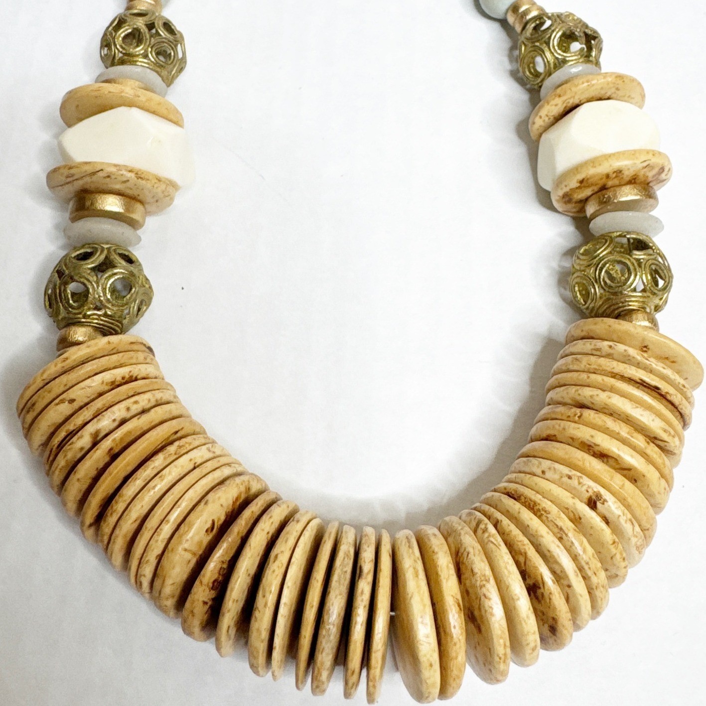 Boho Wood Bead Statement Necklace Light Blue Natural Tan Filigree Toggle 27 Inch