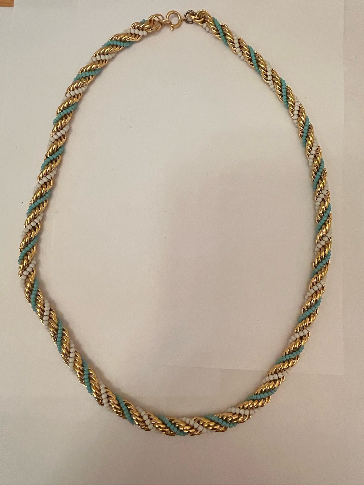 Gold Tone White Blue Seed Beads Twisted Necklace B17