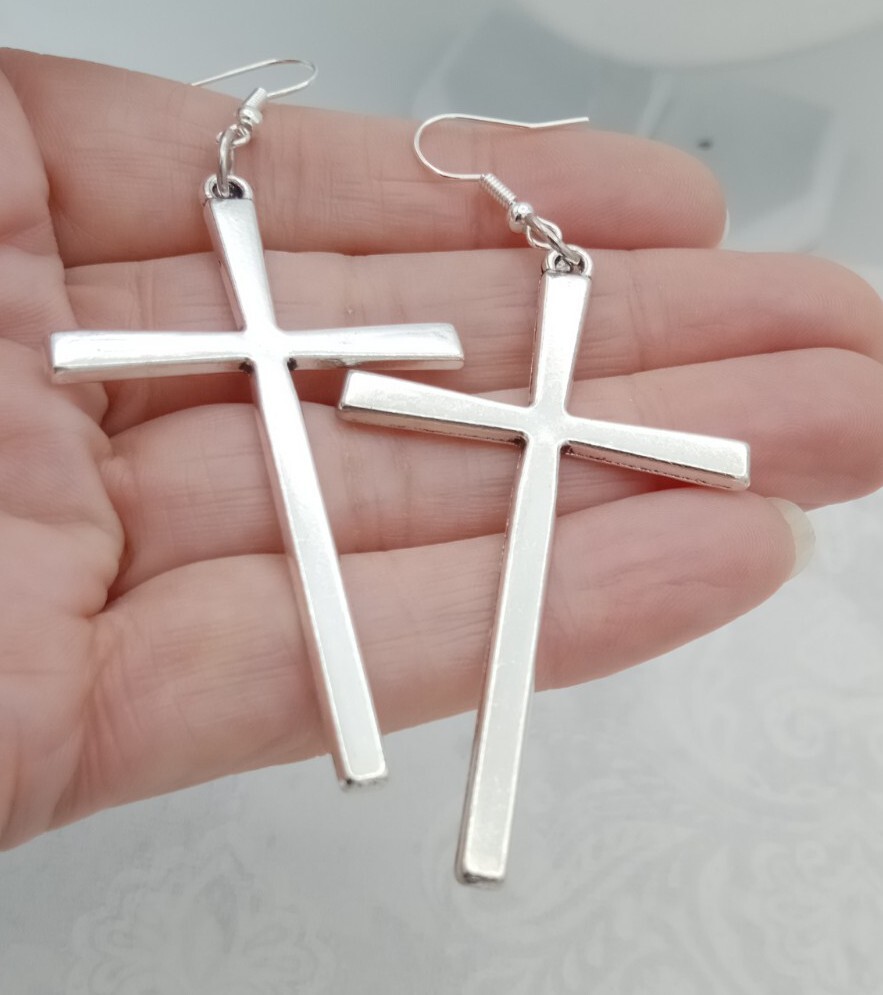Large Cross Earrings silver tone shiny Big Biker Goth Religious Faith Bohemian