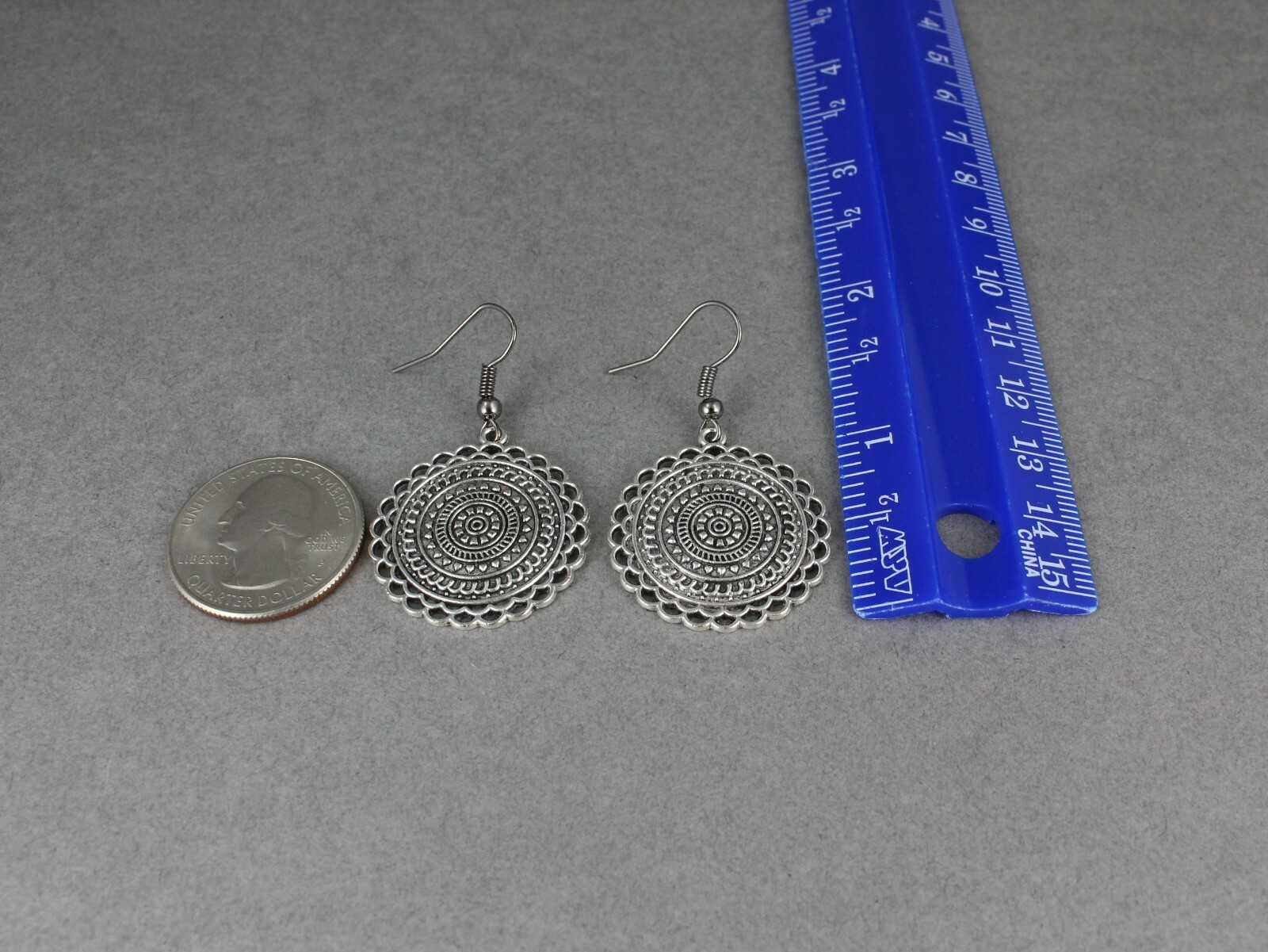 Silver stamped medallion dangle disc 1.75″ long earrings lightweight antiqued
