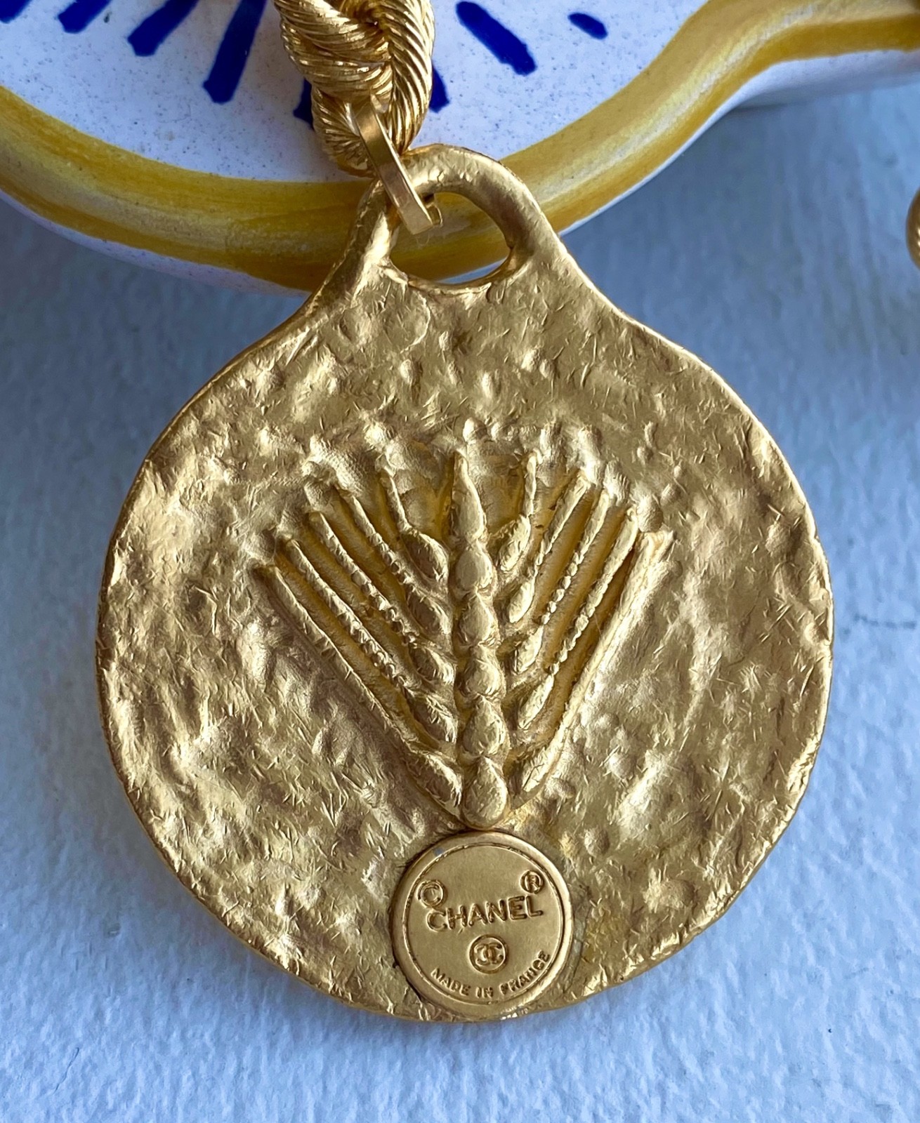Vintage CHANEL Rare 70s LUCKY TALISMAN Wheat Sheaf Pendant Necklace 24K CC logo
