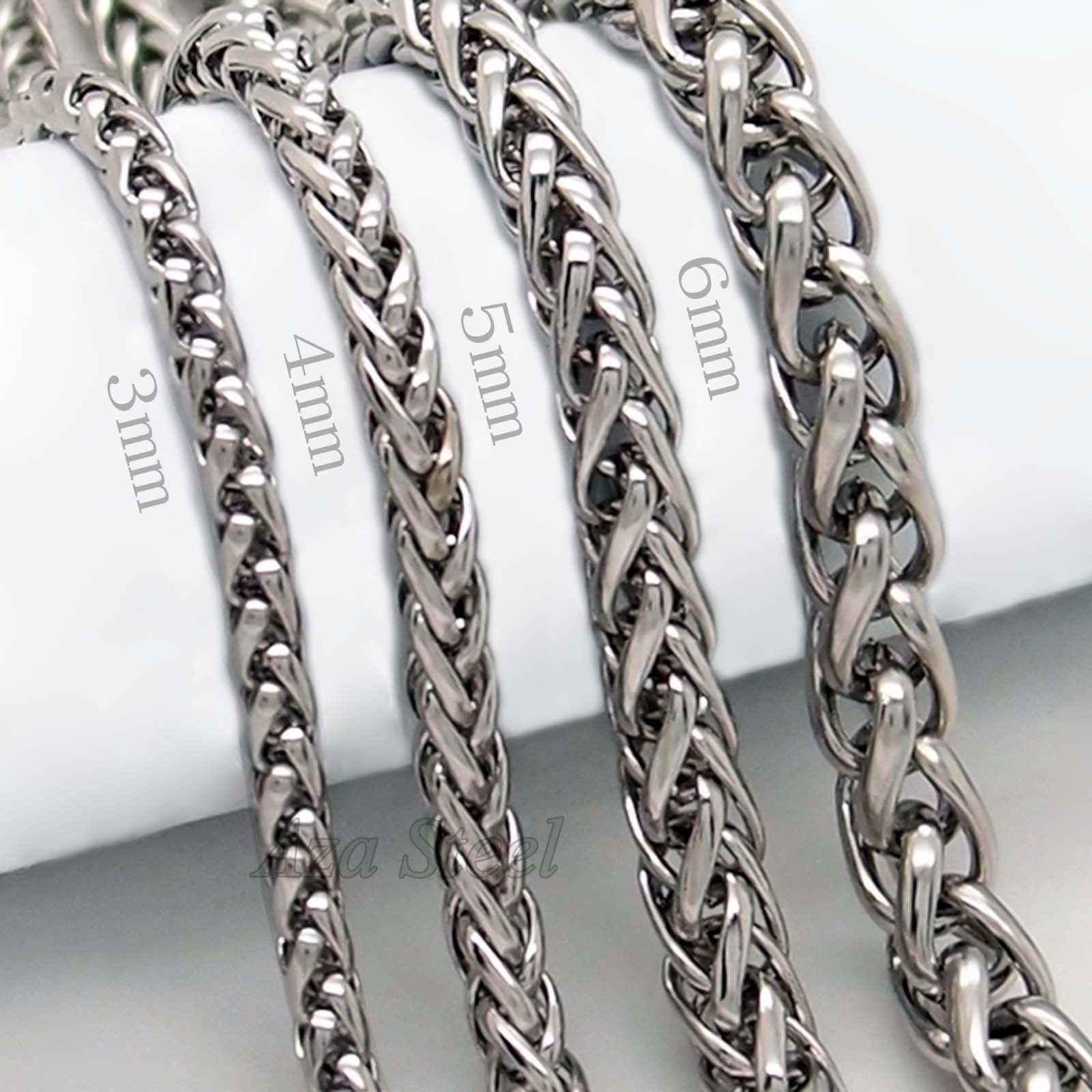 3/4/5MM 18-24″ MENS Silver Stainless Steel Wheat Braided Chain Necklace