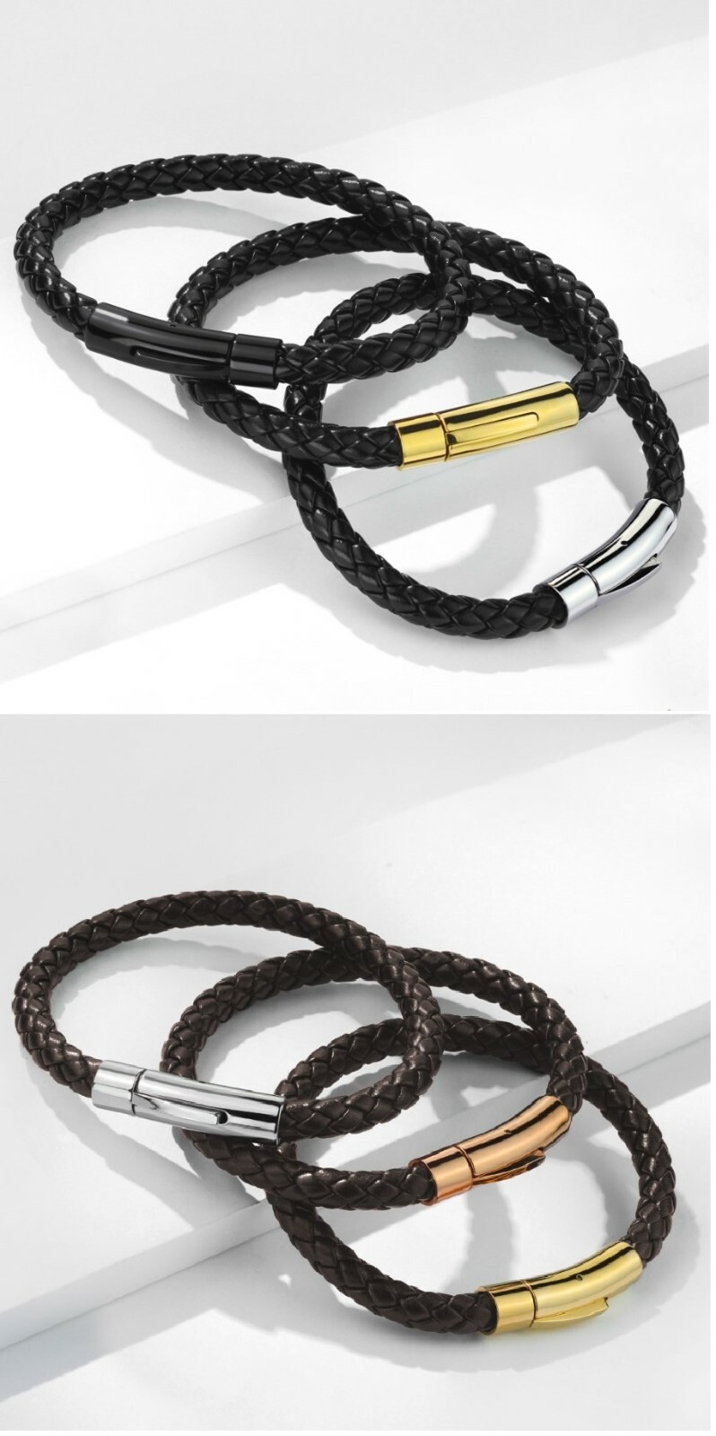 Men Braided Bolo Leather Bracelet W/ Stainless Steel Locking Clasp – Black Brown
