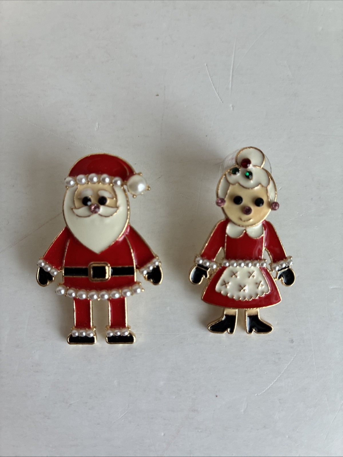 Santa and Mrs Claus Stud Pierced Earrings Metal Enamelware 1.5” Long
