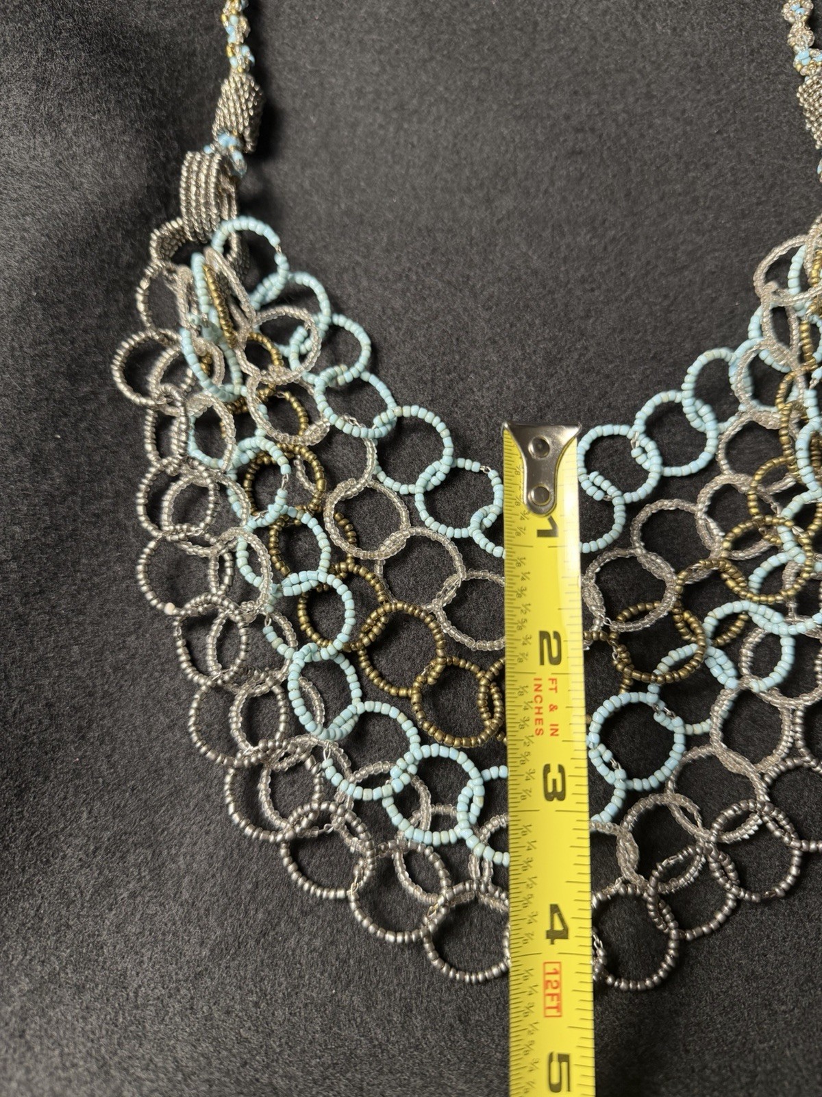 Statement Seed Bead Bib Necklace Blue Silver Gold Multi Strand Artisan Boho