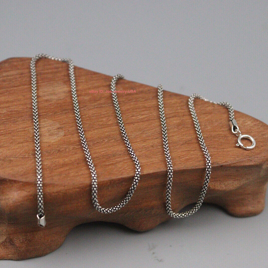 Real 925 Sterling Silver Necklace 1.8mm Thin Popcorn Link Chain S925 16″ Length