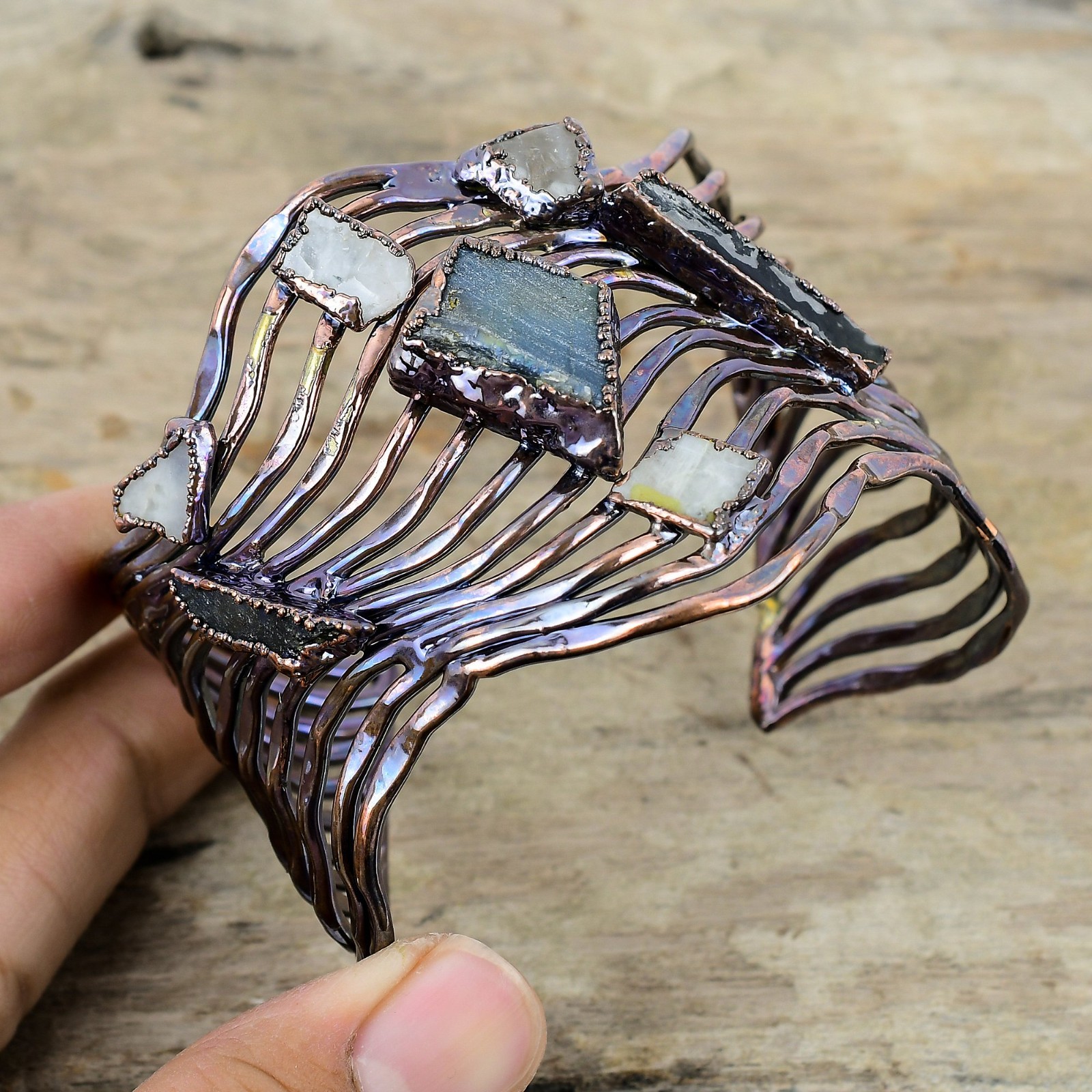 Copper Natural Labradorite Rainbow Moonstone Rough Electroformed Bangle Bracelet
