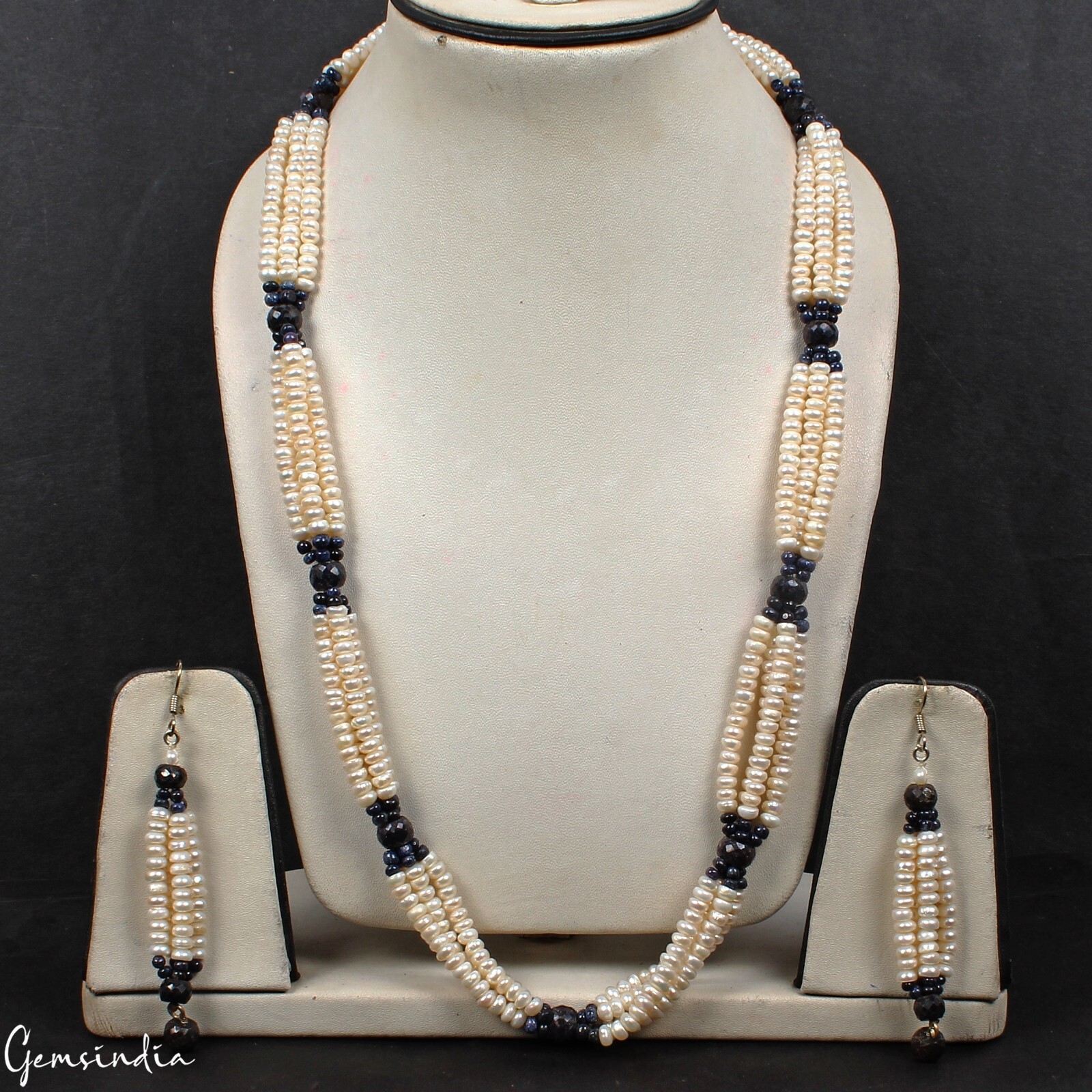 Sapphire & Pearl Necklace 26″ Earring Set, Multi-Strand Statement Beaded Jewelry