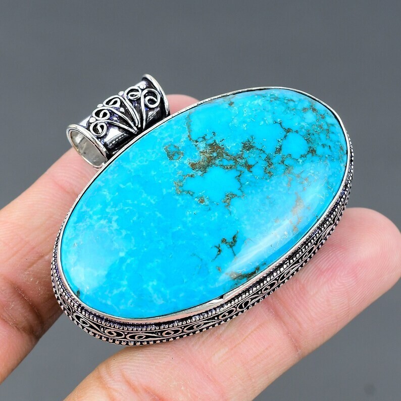 Tibetan Turquoise Gemstone Handmade 925 Sterling Silver Jewelry Pendant 2.05″