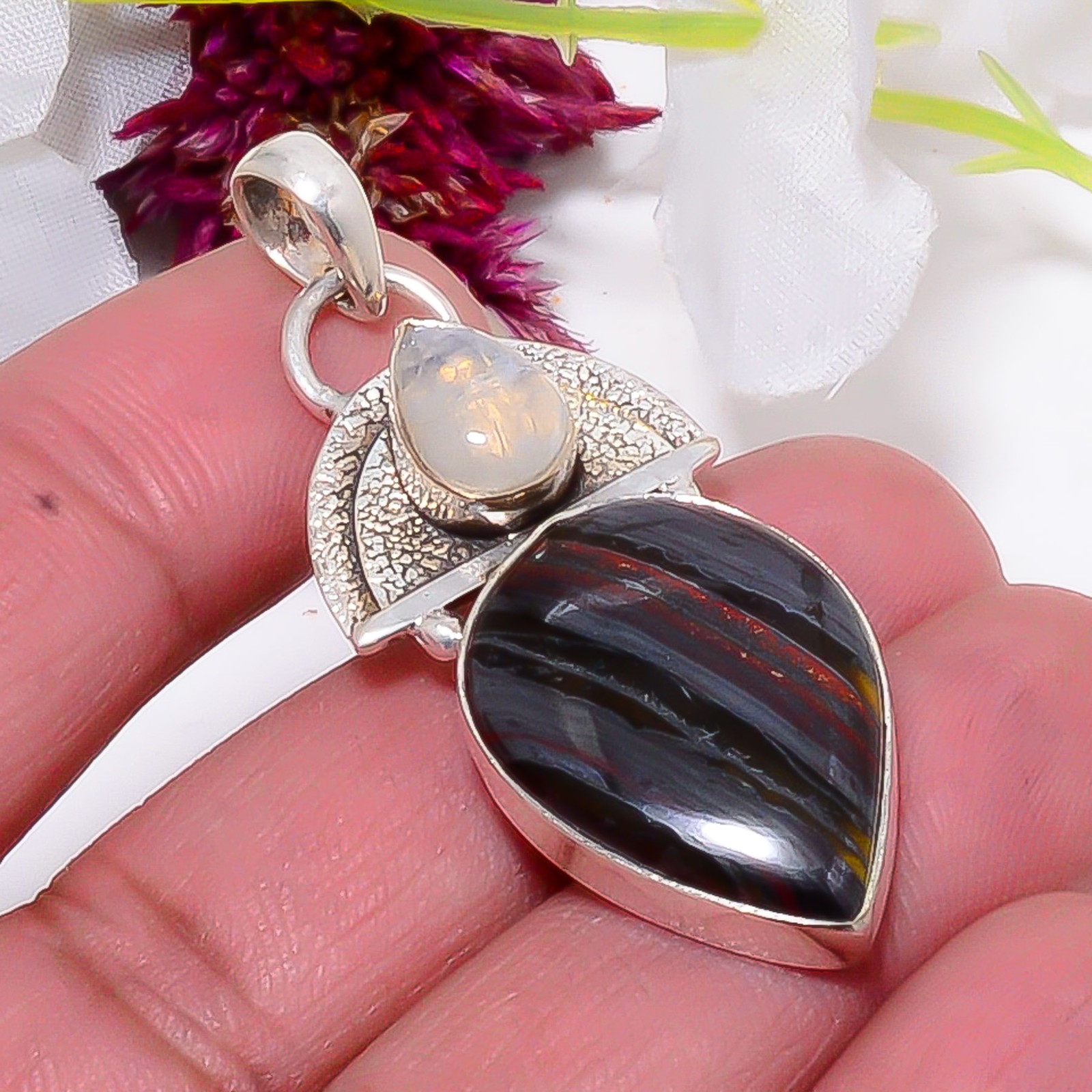 Iron Tiger Eye – South Africa, Rainbow Moonstone 925 Silver Pendant 2.03″ Sku15