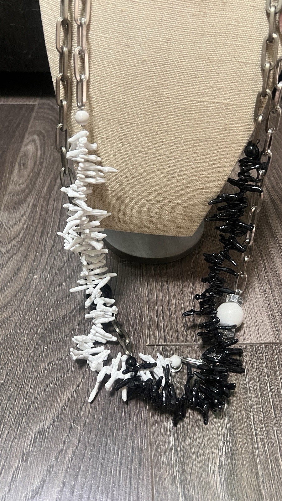 Furla two set long statement necklace, black and white, silver colour chain